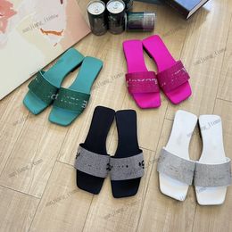 Women Sandal Crystal Flat Slippers Slide on Slide Mules Summer Beach Fashion letters Comfort Sandals Square Toe velvet Luxury Rhinestone Shoes for pool hotel travel