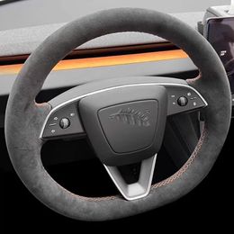 100% Fit For Newest Tesla Model 3+ Highland 2024 car Interior DIY Hand-stitched black suede nonslip wear resistant car steering wheel cover