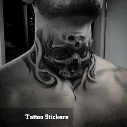 Tattoo Transfer New Skull Neck Tattoo Ephemere Man European and American Dark Tattoo Stickers Personality Cool Skull Waterproof Fake Tattoos Art 240426