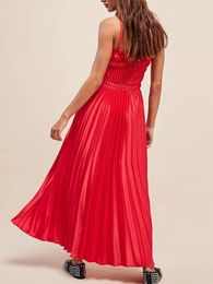 Casual Dresses Women S Summer Slip Maxi Dress Sexy Solid Colour Spaghetti Strap Lettuce Trim Pleated Long Flowy Beach