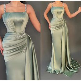 Satin spaghetti eleganta salvia remmar sjöjungfru aftonklänningar pärlstav ruched kristaller golvlängd formell parti prom klänning bc