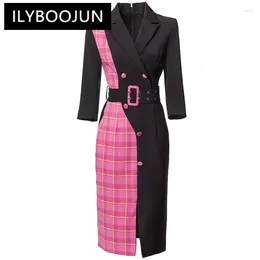 Casual Dresses ILYBOOJUN Fashion Women's Suit Neck Three Quarter Sleeved Plaid Printed Irregular Button Patchwork Belt Pencil MIDI Dress