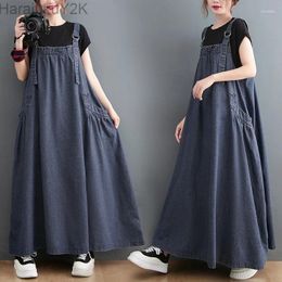 Casual Dresses Spring Summer Women Denim Suspender Long Skirt Loose Punk Vintage Style Cargo Female Large Swing Dress