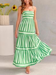 Casual Dresses Women Spaghetti Strap Slip Long Dress Sexy Sleeveless Square Neck Striped Print Tiered Midi