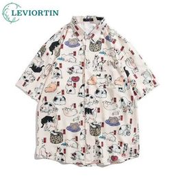 Herren lässige Hemden Harajuku Sommer Herren Loose Cartoontiere Drucken Graffiti Kurzarm Shirt Hip Hop BF Stil vielseitig Aloha Tops Shirts 240424