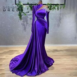 A Satin Long Purple Sleeves Line Evening Dresses Ruched Applique Formal Prom Gowns Vestidos Bc1332 pplique