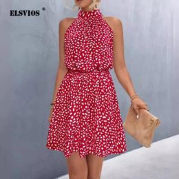 Casual Dresses Fashion Temperament Versatile Hanging Neck Printed Dress 2024 Spring Summer Off Shoulder Pleated Waist Tie Up Woment