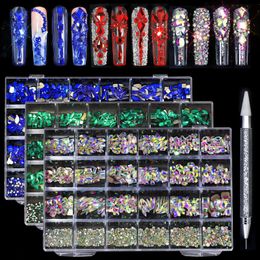 21 Shapes Jewellery Luxury Shiny Diamond DIY Nail Art Rhinestones Kit Glass Crystal Decorations Set Give 1pcs Pen 240425