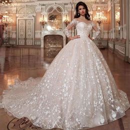 Ball Dresses Appliqued Light Gown Pink Lace Wedding Bridal Gowns 3D Flowers Beaded Long Sleeve Sexy Marriage Formal Bride Dress Vestidos De Novia s