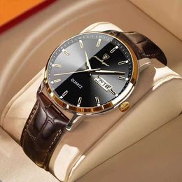 Wristwatches POEDAGAR Men Business Quartz es Fashion Leather Waterproof Luminous Week Date Top Brand Luxury Mens Wrist Gift Y240425