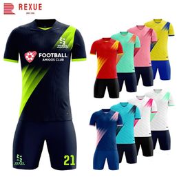 Customized mens and womens childrens football jersey set sublimated blank short sleeved childrens and mens quick drying printed football uniform set 240425