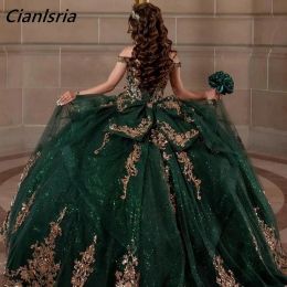 Emerald Green Off The Shoulder Bow Quinceanera Dresses Ball Gown Gold Sequined Appliques Beading Corset Vestidos De 15 Anos