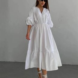 Women Summer High Waist Puff Sleeve Long Dress V-Neck Good Quality Solid Color White Maxi Vacation Boho Vestidos 240418