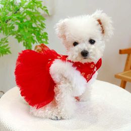 Dog Apparel 1PC Pet Apparel Cat Winter Plush Thickened Warm New Year Chinese Red Princess Dress With Drawstring Buckle For Small Medium Dogs d240426