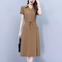 Party Dresses Women's Summer Short Sleeve Solid Belted Dress Elegant Plus Size Upscale Fashion Mid-length With Pocket A-line Skirt