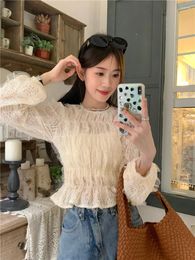 Women's T Shirts Sweet Girl Long-sleeved Lace Sweater For Spring Pure Sexy O-neck Slim Fit Ruffles T-shirt Fashion Female Clothes