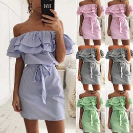 New designer Off Shoulder Strapless Striped Ruffles Dress Women Summer Sundresses Beach Casual Shirt Short Mini Party Dresses Robe Femme