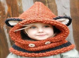 Winter Beanie kids Child Animal Warm Fox Hat Hooded Scarf Earflap wool Knit Caps1535211