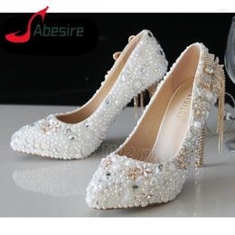 Dress Shoes White Wedding Bridal Pearl Rhinestone Tassels High Heels Sexy Pointed Toe 10Cm Thin Heel Stilettos Sweet Fairy Women Pumps