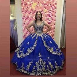 드레스 Quinceanera Gold Lace Princess Blue Royal Appliques Beaded V-Neck Sleeveless Long Prom Sweet 15 Dress Custom Made Made Made Made vestido de 16 anos