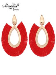 Meyfflin Silk Tassel Drop Earrings for Women Bohemian Geometric Oval Fringed Statement Earring Jewellery Gold Colour Dangle Brincos6457106