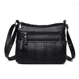 Shoulder Bags Women Crossbody Bag Black Soft Washed Leather Patchwork Messenger For Ladies Girls Multi-pocket Zipper Handbag