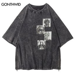 Vintage T-Shirt Streetwear Men Statues Print Distressed Zipper Tshirt Hip Hop Harajuku Casual Cotton Punk Gothic Tees Shirts Top 240409