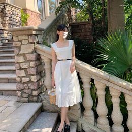 Casual Dresses Summer Cotton Hollowed-out Retro Square-neck White Sleeveless Dress Mid-length Large Swing Skirt Slim Pure