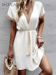 Elegant Office Ladies Dress Casual V-neck Short-sleeve Lace Lace-up Mini For Women Summer White Beach Dresses 240418