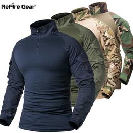 Tactical T-shirts ReFire Gear Military Combat T-shirt Mens Long sleeved Tactical T-shirt Pure Cotton Military Shirt Mens Blue Hunting Air Gun T-shirt 240426