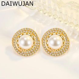 Stud Earrings Retro Gold Color Full Zircon Imitation Pearl Earring For Women Girls Party Jewelry Wedding Friend Birthday Gift