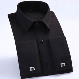 Men's Dress Shirts French Cuff Shirt 2021 Brand Long Sleeve Formal Business Men Casual Black Social With Cufflinks 6XL260F