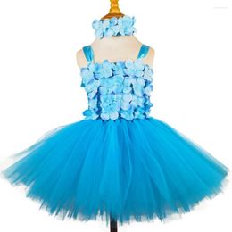 Girl Dresses Baby Girls Turquoise Flower Petals Tutu Dress Kids Crochet Tulle Strap With Hairbow Children Birthday Party Costume