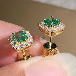 Stud Huitan Eternity Green CZ Stud Earrings for Women Gold Color Luxury Bride Wedding Earrings Elegant Ear Accessories Party Jewelry d240426