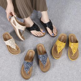 Slippers Women's Shoes 2024 Summer Europe And America Anti Slip Film Car Sewing Wedge Heel Ethnic Flower Large Clamping Toe