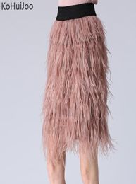 2018 Spring Autumn Fluffy Skirts for Women Fashion Elastic Waist Ostrich Feather Skirt High Waist Pencil Skirt Tassel Blue Pink1277355