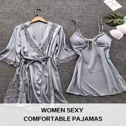 Women's Sleepwear 2pcs Woman Sexy Pajamas Slpwear Lace Robe And Pants Lingerie Bathrobe Silk Satin Home Clothed Nightwear For Ladies Y240426