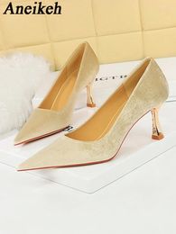 Dress Shoes AneikehWomen's Spring/Autumn Shallow Solid Mid High Heels 2024 Classics Flock Pointed Thin Heel SingleShoes Party Wedding Mules