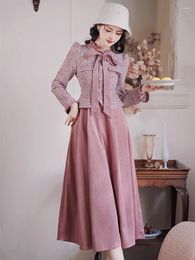 Casual Dresses Autumn Winter Retro For Women French Bow Ruffle Vintage Tweed Patchwork Fashion Vestidos Be Mujer Elegant Evening Gown