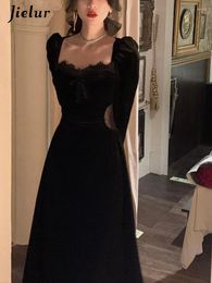 Casual Dresses Black Vintage Velvet Midi Dress Women Spring French Sexy Elegant Party Female Lace Korean Retro One-piece