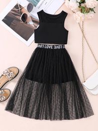 Clothing Sets Girls' Summer Casual Resort Style Suit Vest Pants Sheer Mesh Large Skirt Two-piece Set