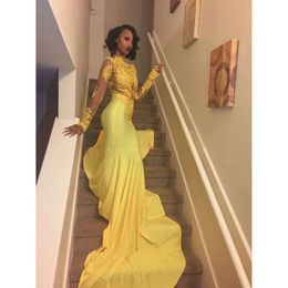 Sheer High Mermaid Yellow Sleeves Neck Evening Dresses With Appliques Sexy Long Prom Gowns