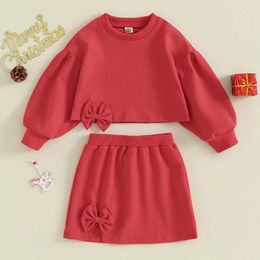 Clothing Sets Fashion Children Baby Skirts Suit Long Puff Sleeve Side Bow Sweatshirt Split Skirt Set Outerwear