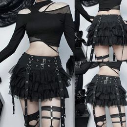 Skirts Womens High Waist Eyelet Ribbon Mesh Splicing Y2K Gothic Punk Mini Skirt