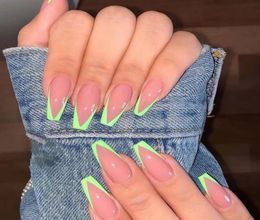 2020 New Neon Fake Nails French False Nails Easy Wear Press on Nail Extra Long Ballerina V Shape Nail Tips Manicure Whole8384773