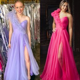 Hot Pink Prom Dress Ruffle One-Shoulder High Slit Ballgown Pageant Winter Formal Event Evening Party Runway Black-Tie Gala Hoco Gown Wedding Guest Bridesmaid