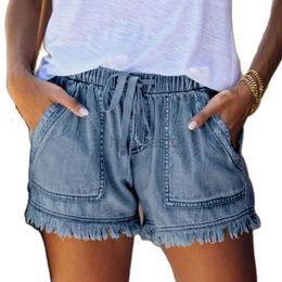 Women's Shorts Fashion Womens Washed Denim Shorts Summer Casual Drawstring Elastic Waist Frayed Hem Loose Short Jeans Oversized XXL Shorts d240426