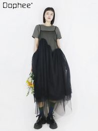 Casual Dresses Japanese Perspective Strap Mesh Long Dress Female 2024 Summer Fairy Artistic Slim Irregular Sling Gauze For Women