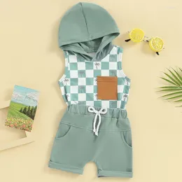 Clothing Sets Toddler Boy Summer Set Sleeveless Plaid Print Hooded Tank Tops Elastic Waist Shorts Infant Baby 2 Piece Outfits