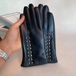New autumn and winter genuine leather sheepskin mittens warm touch screen rivets for women's driving gloves